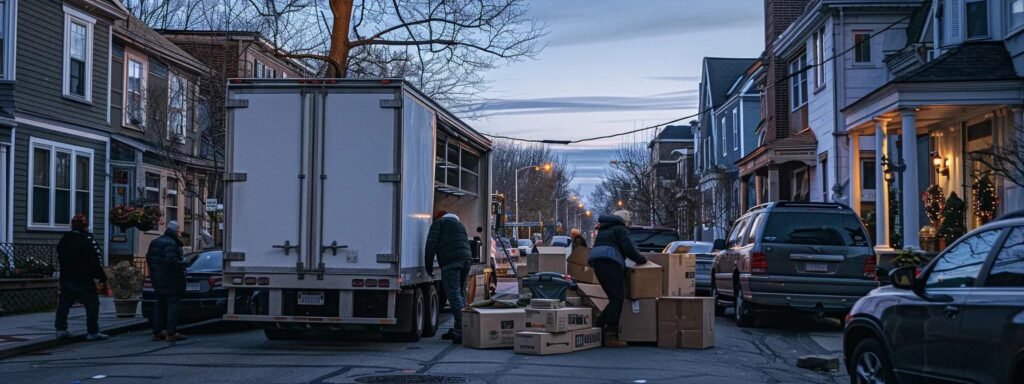 a dynamic urban moving scene featuring a team of professionals carefully packing and loading high-value antiques and bulky equipment into an organized moving truck against the backdrop of a bustling brielle, nj street.