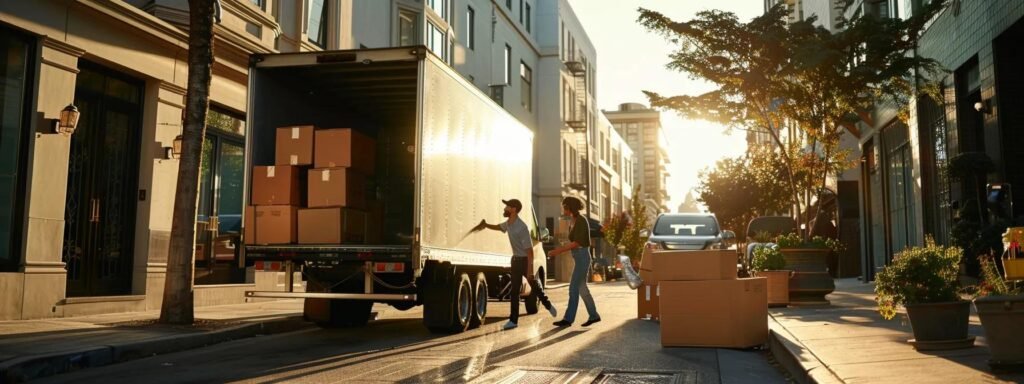 a dynamic urban setting captures a team of professional movers efficiently packing boxes into a sleek moving truck, highlighting an organized and stress-free relocation process.