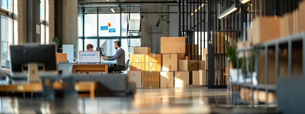 an urban office setting features moving professionals efficiently packing boxes, with digital reviews displayed prominently on a nearby screen, showcasing customer testimonials about their exceptional service quality.