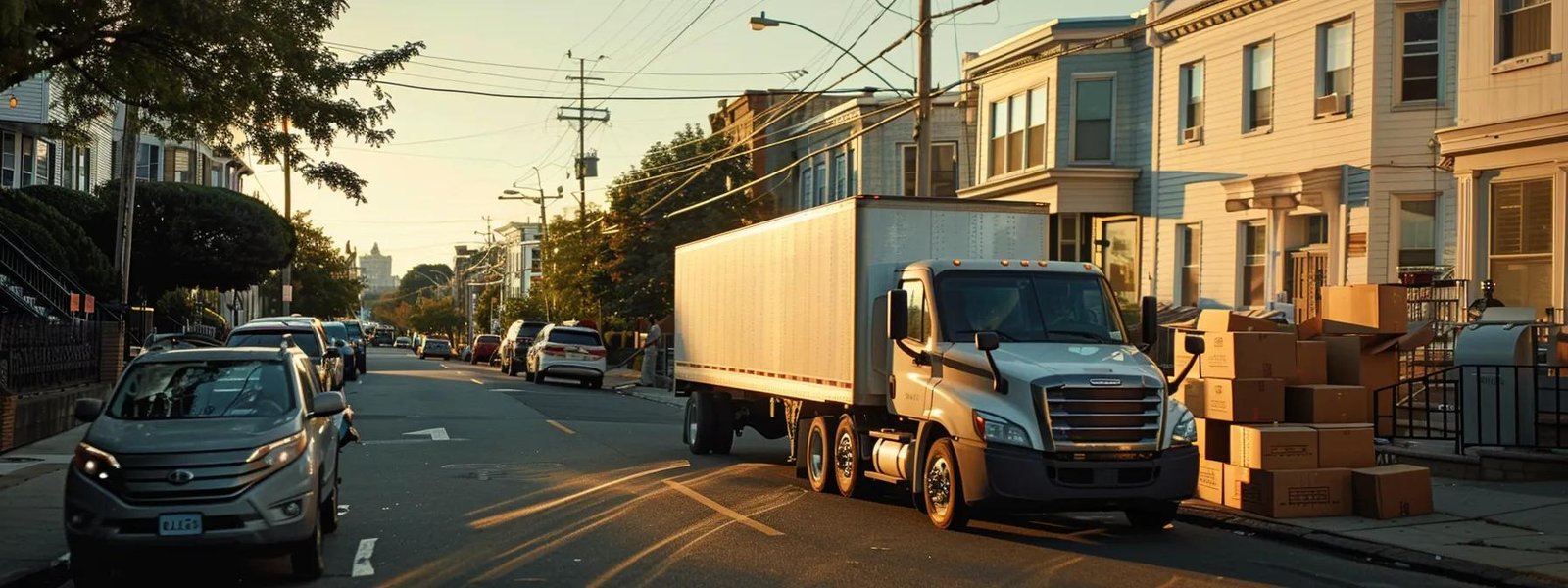 a bustling moving company in long branch, nj, showcases a team of professional movers efficiently packing and loading sturdy cardboard boxes into a modern truck, set against the backdrop of a clean, urban residential neighborhood.