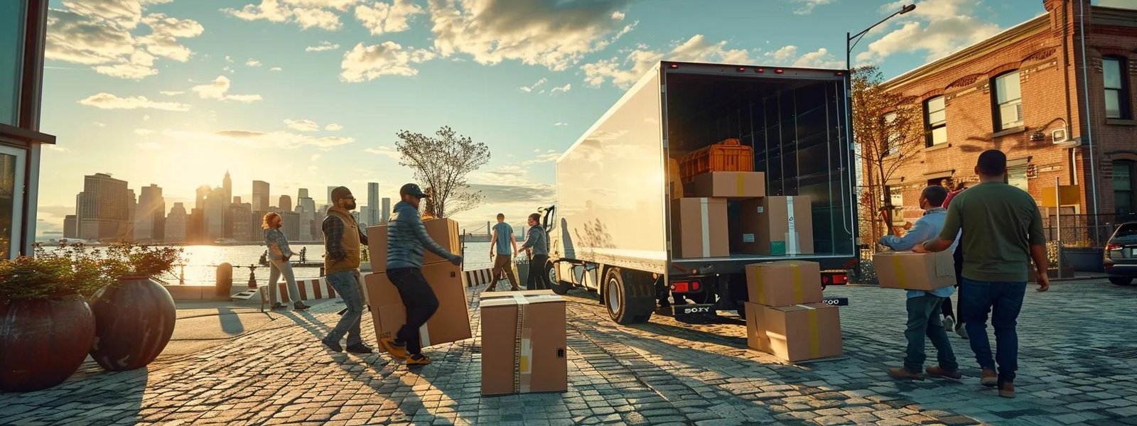a bustling urban moving scene captures a diverse team of professionals efficiently loading sleek boxes into a modern moving truck, surrounded by a backdrop of the atlantic highlands skyline, with bright artificial lighting illuminating their focused expressions and organized chaos.