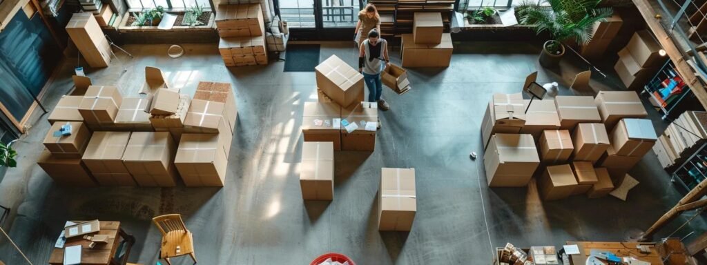 a bustling office environment showcases professional movers efficiently packing and stacking boxes, surrounded by an organized array of furniture and moving supplies, emphasizing the logistics of relocation in shrewsbury, nj.