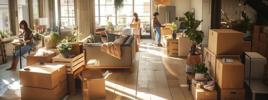 a bustling urban apartment setting filled with organized boxes and packing materials, showcasing focused individuals efficiently preparing for their move, surrounded by modern furniture and essential moving logistics.
