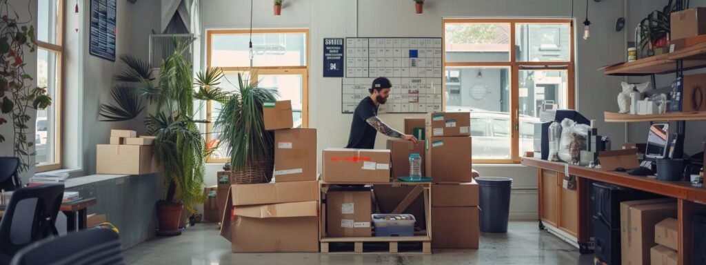 a vibrant urban moving company office showcases professionals efficiently packing and loading boxes into a moving truck, with a visible pricing chart displayed on the wall, highlighting the blend of affordability and quality in their services.