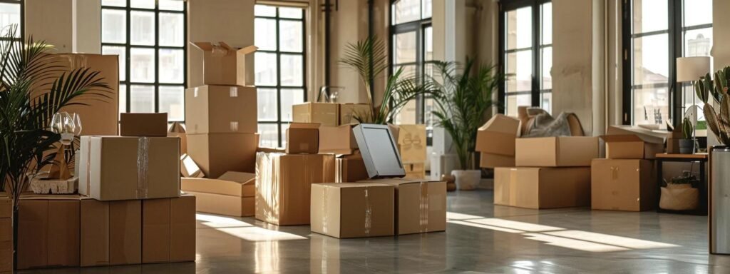 a team of movers efficiently packs and organizes boxes in a bustling, modern urban apartment setting, showcasing their expertise in navigating the complexities of local moves in avon by the sea and surrounding new jersey areas.