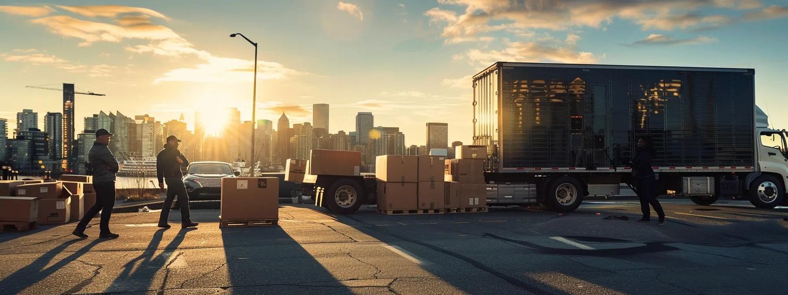 a bustling urban moving company scene showcases a diverse team of professional movers efficiently packing and transporting boxes into a sleek, modern truck against the backdrop of a dynamic city skyline.