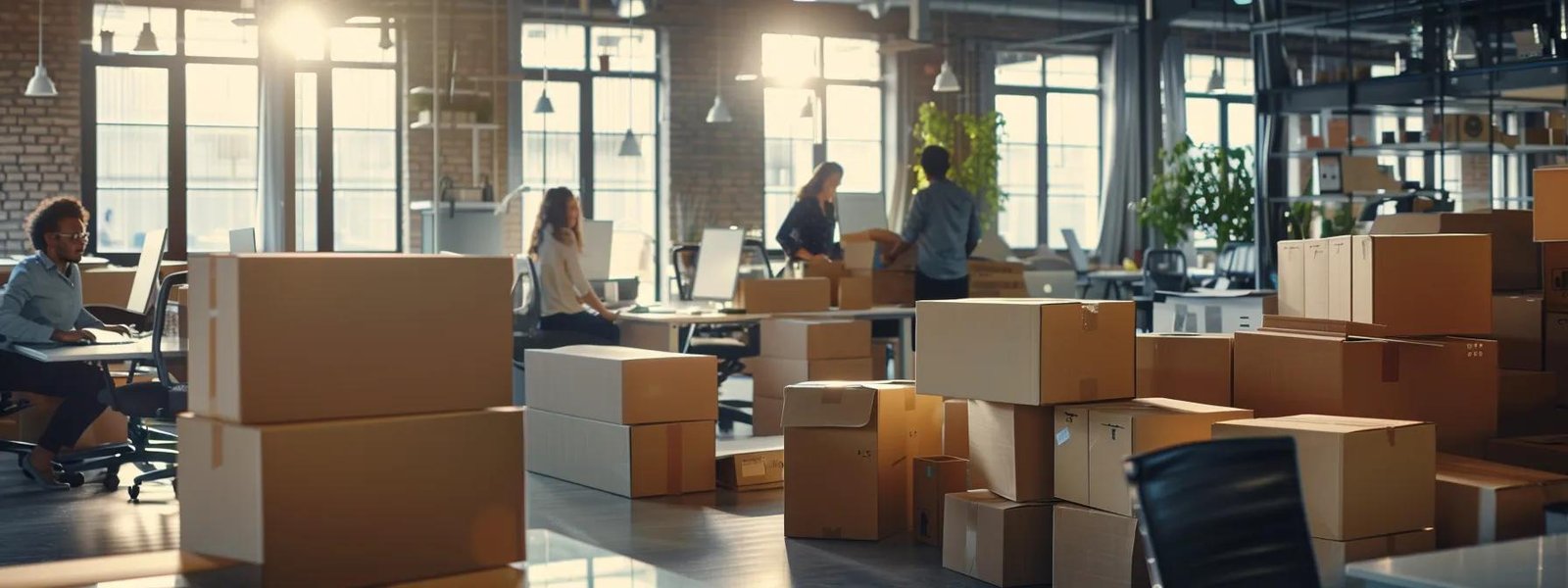 a bustling urban office setting showcases professional movers efficiently packing and organizing boxes in a spacious, modern workspace, highlighting the expertise and teamwork involved in their moving services.