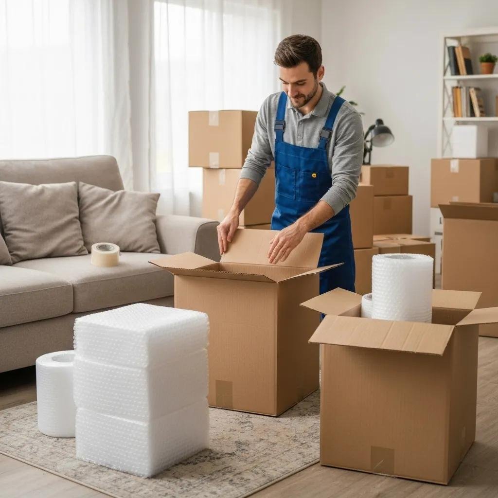 Professional mover packing boxes in a living room, highlighting the importance of packing services for budget moves