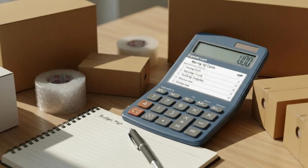 Breakdown of moving costs with a calculator, packing supplies, and a budget plan