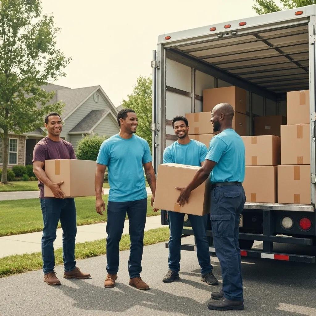 Friendly moving team loading boxes into a truck in a suburban neighborhood, representing affordable moving services