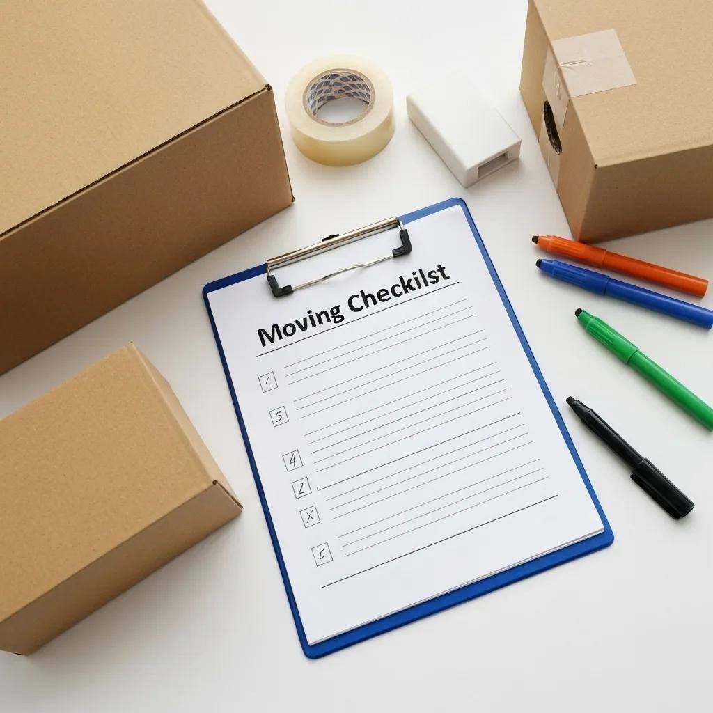 A moving checklist on a clipboard surrounded by packing supplies, symbolizing preparation for a stress-free relocation