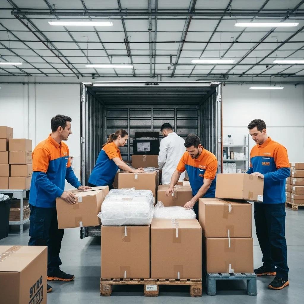 Professional movers packing and loading furniture into a truck, showcasing teamwork and efficiency