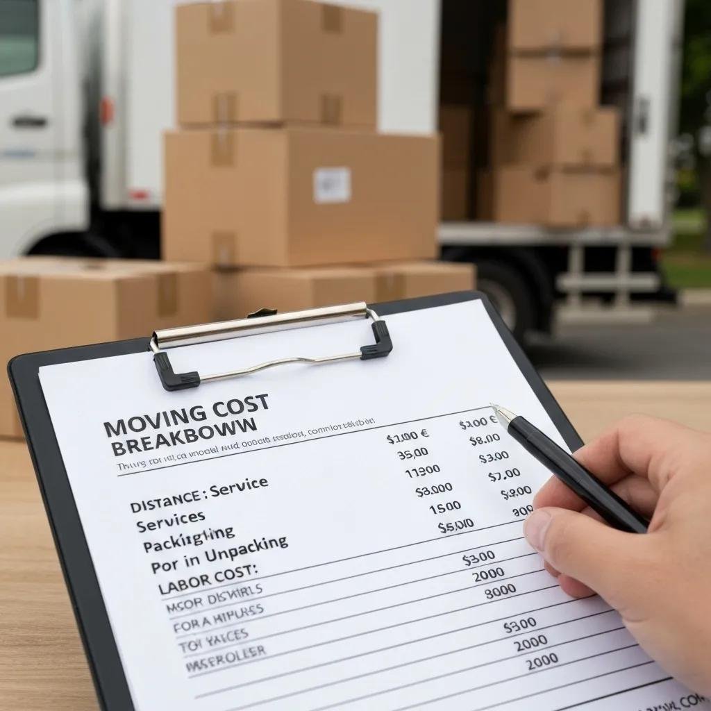 Close-up of a moving cost breakdown with a clipboard, emphasizing key factors like distance and services