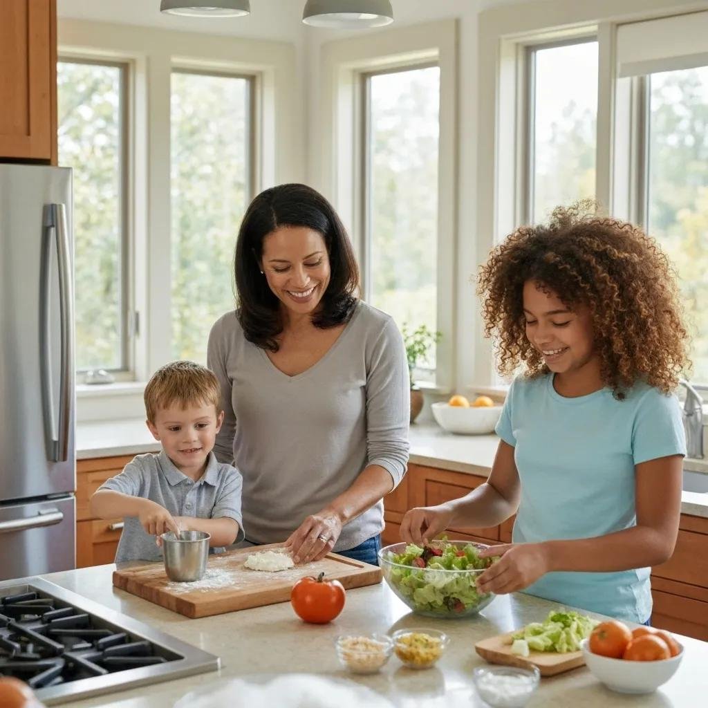 Family packing for a move, showcasing community and support in a suburban setting