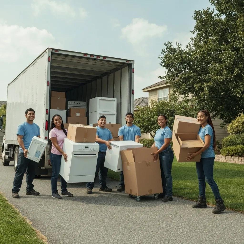 Local movers unloading boxes from a truck outside a suburban home, emphasizing professional moving services