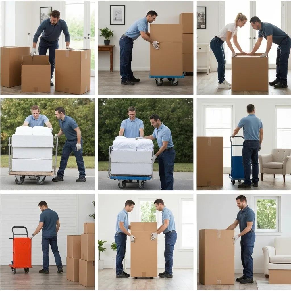 Professional movers performing full-service tasks like packing and loading furniture, emphasizing organization and care
