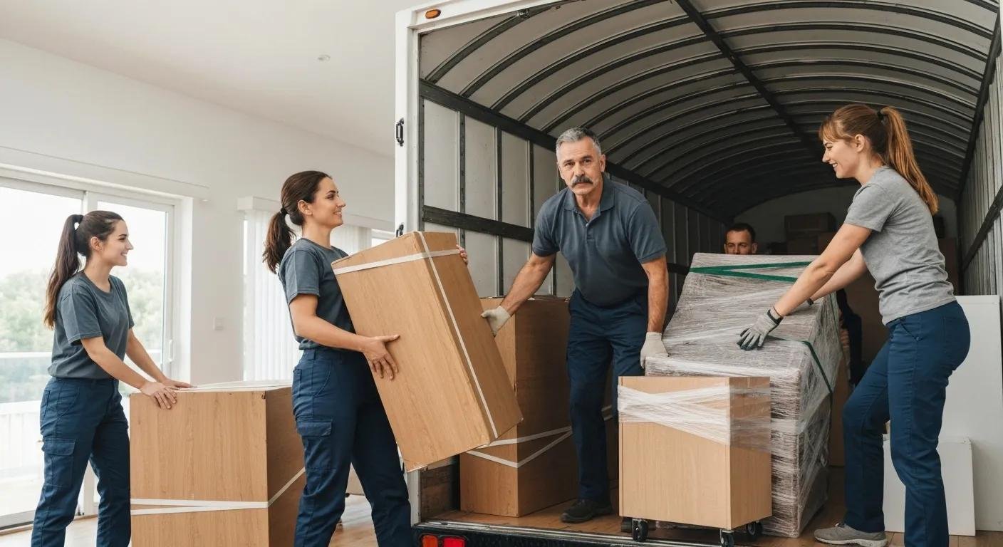 Professional movers packing furniture into a truck, showcasing teamwork and efficiency in a residential setting