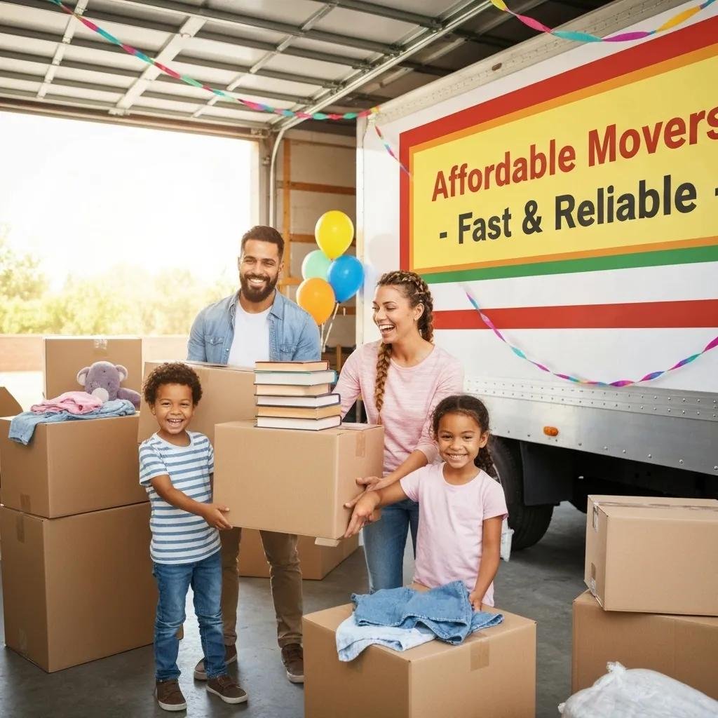 Family packing for a move, showcasing organization and excitement in a bright, cheerful setting