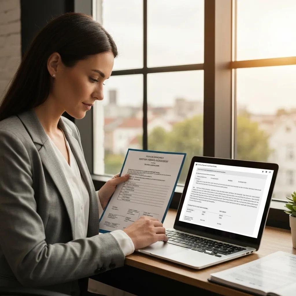 Person reviewing moving company credentials on a laptop, emphasizing the importance of vetting for quality and reliability
