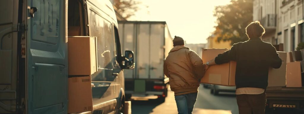 people moving boxes in to trucks