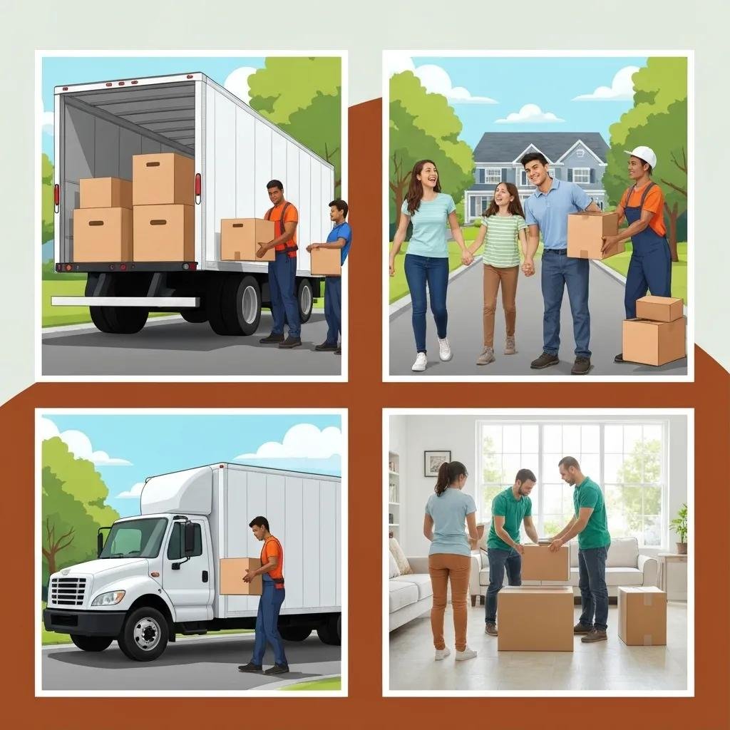 Visual representation of professional moving services including packing materials and a moving truck