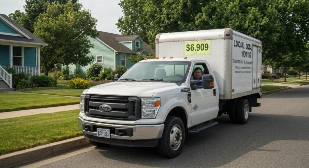 Moving truck in a suburban neighborhood with a visible price tag, illustrating affordable local moving costs
