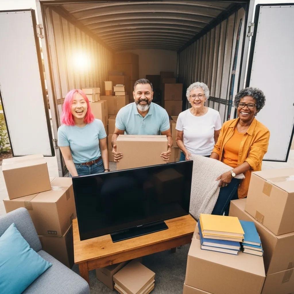 Diverse group of people packing belongings into a moving truck, showcasing teamwork and excitement about relocation