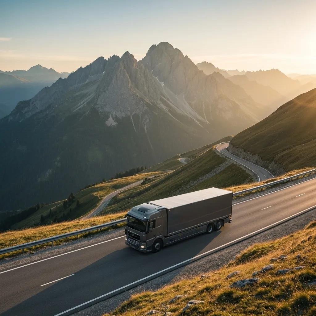 Long-distance moving truck on a scenic highway, representing the journey and considerations of affordable long-distance moves