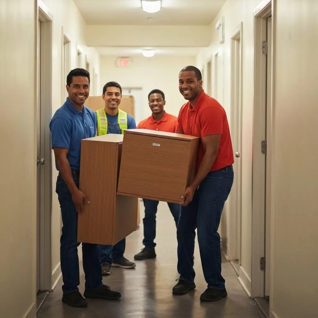 Professional movers handling furniture in a narrow apartment hallway, showcasing teamwork and care