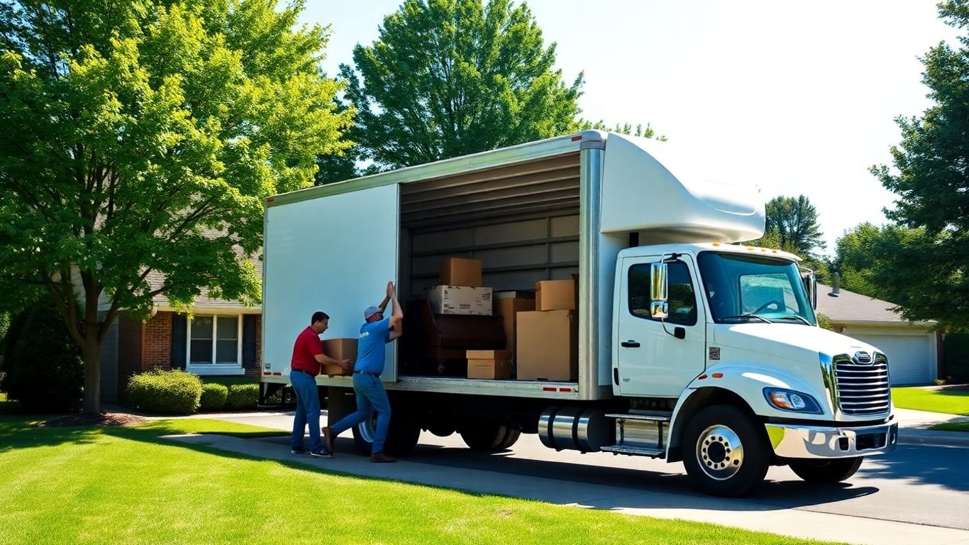Movers loading boxes into a truck at a house