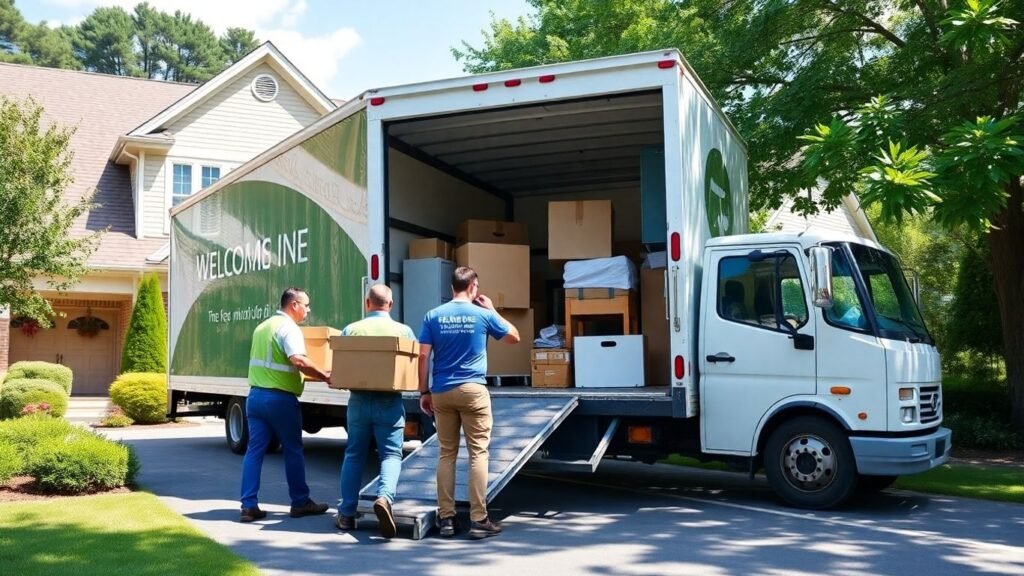 Movers loading boxes into truck outside New Jersey home