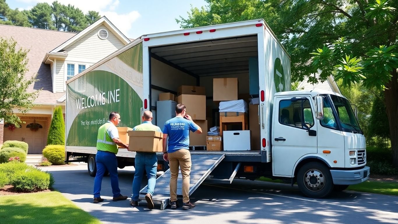 Movers loading boxes into truck outside New Jersey home