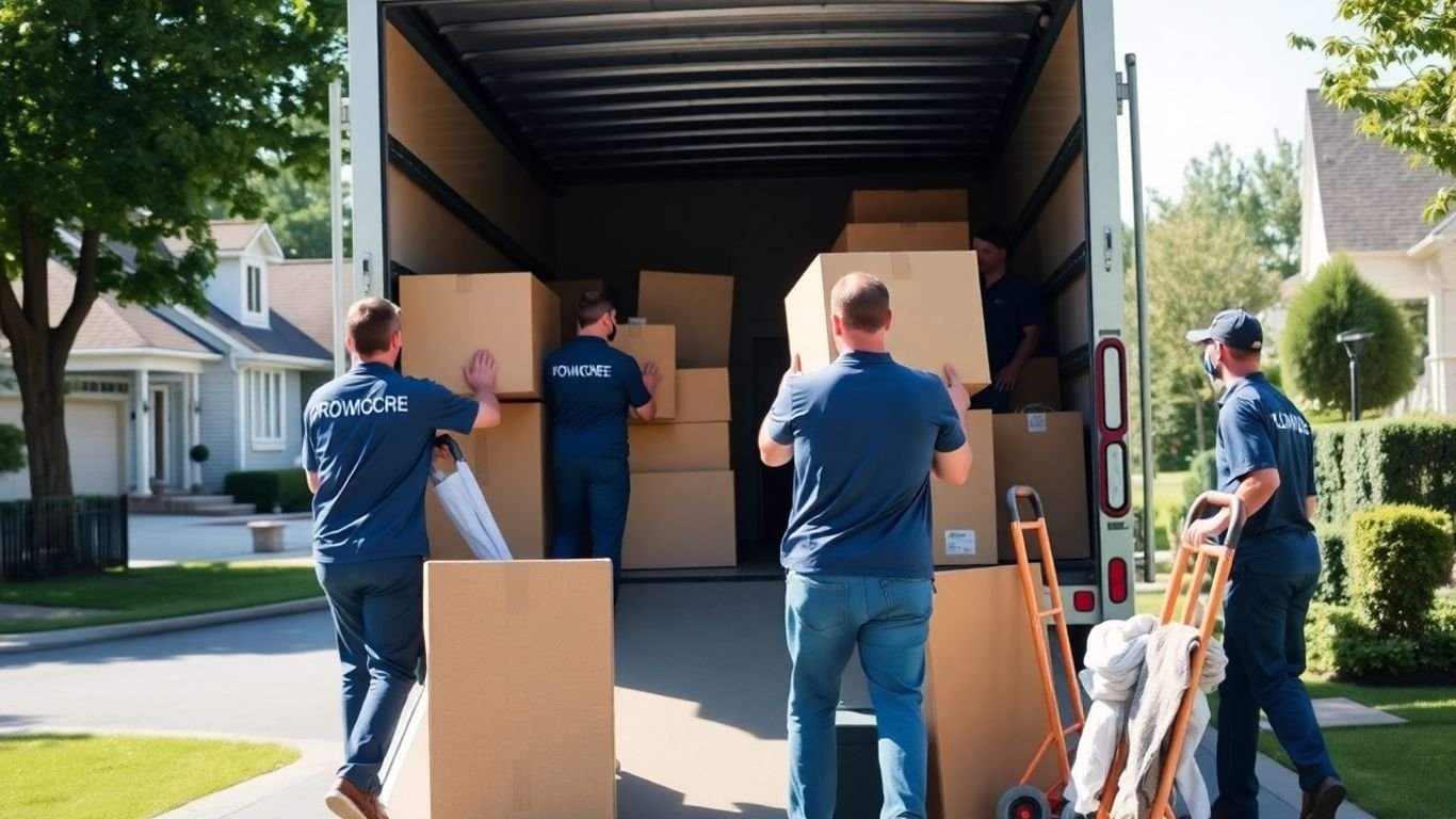 Movers loading boxes into a truck on suburban street