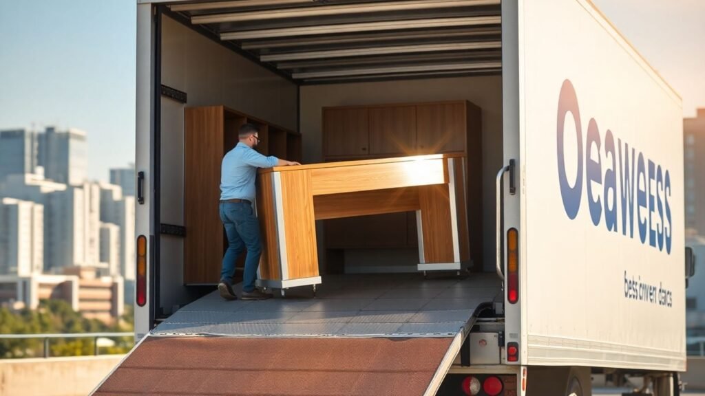 Commercial movers loading office furniture onto a truck.