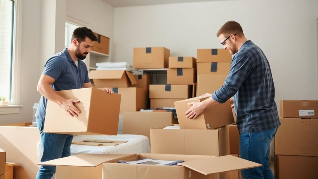 Moving crew packing boxes for a stress-free move.