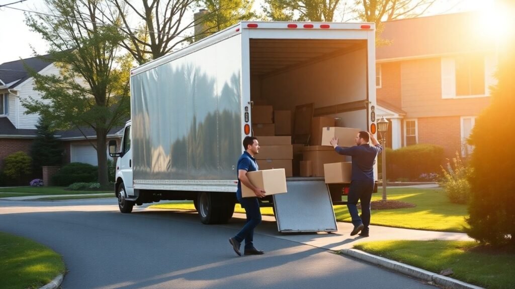 NJ movers carrying boxes and furniture into a house.