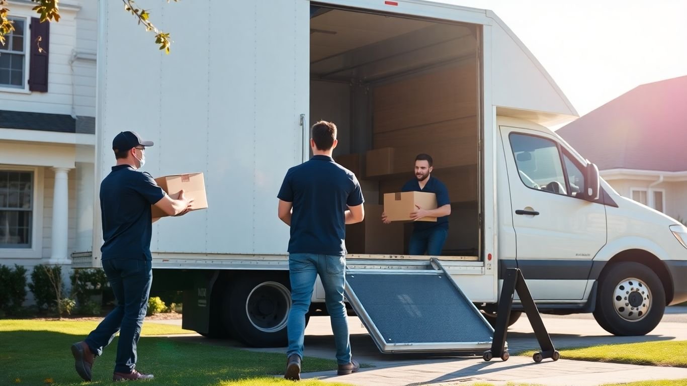 Licensed movers carrying a box to a truck.
