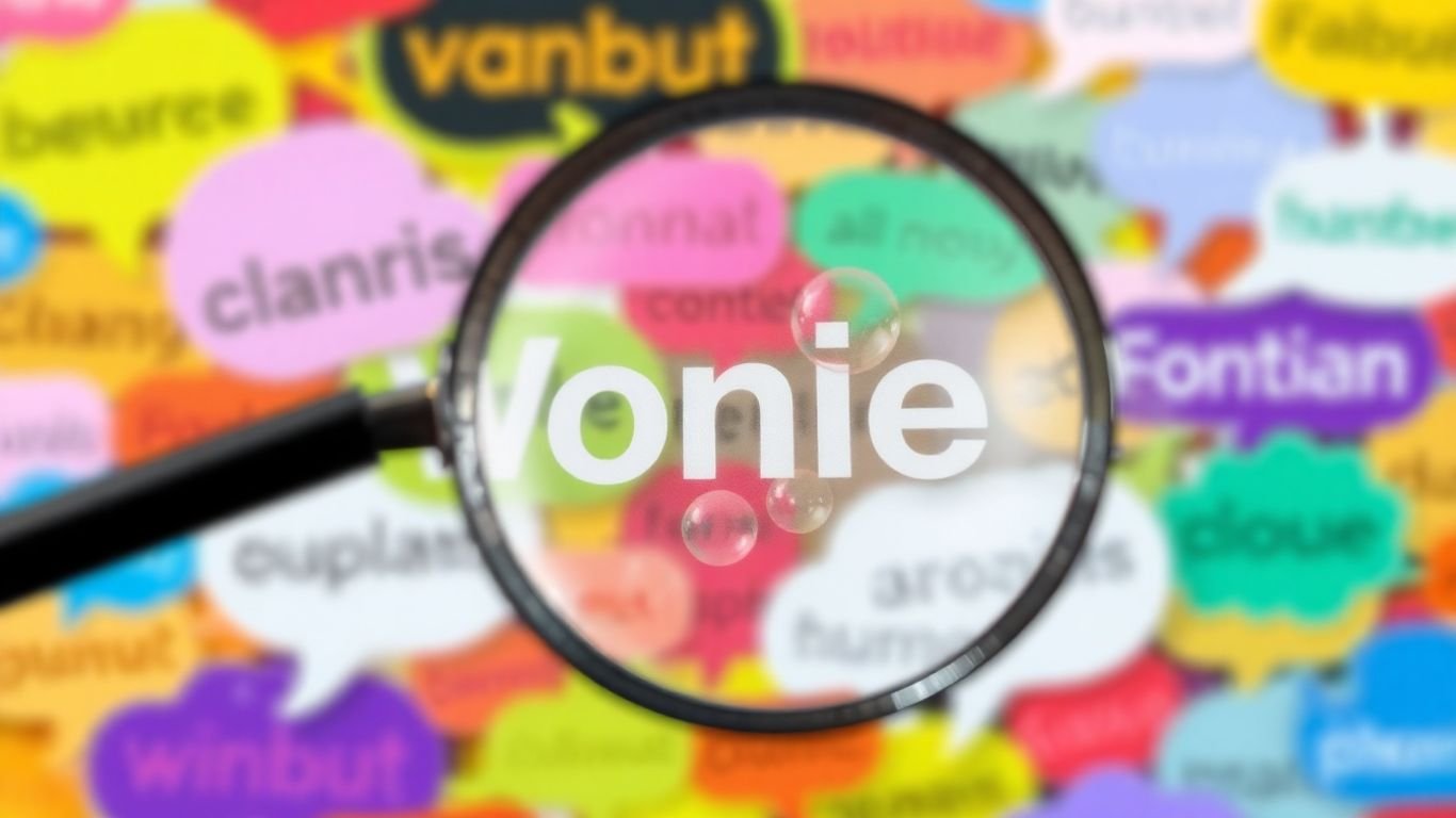 Magnifying glass over word bubbles for SEO keywords.