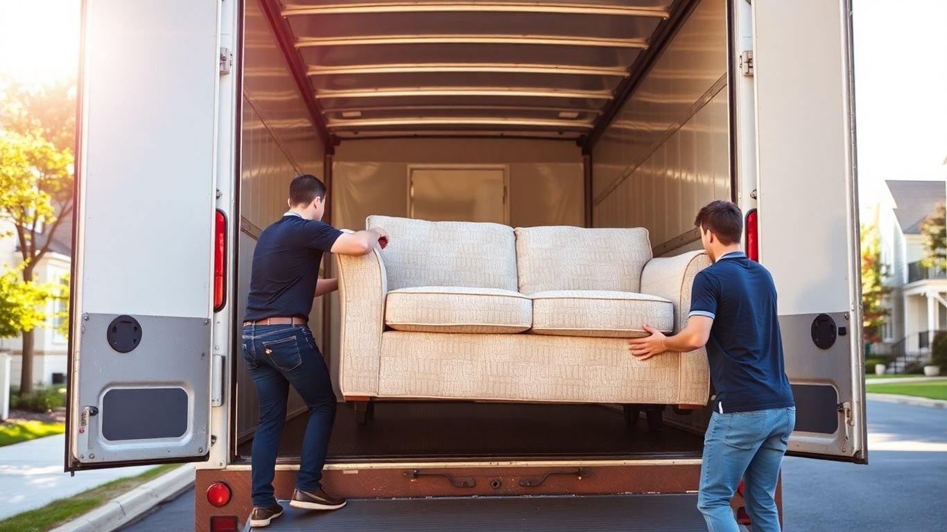 Furniture movers loading a truck in Freehold, NJ.