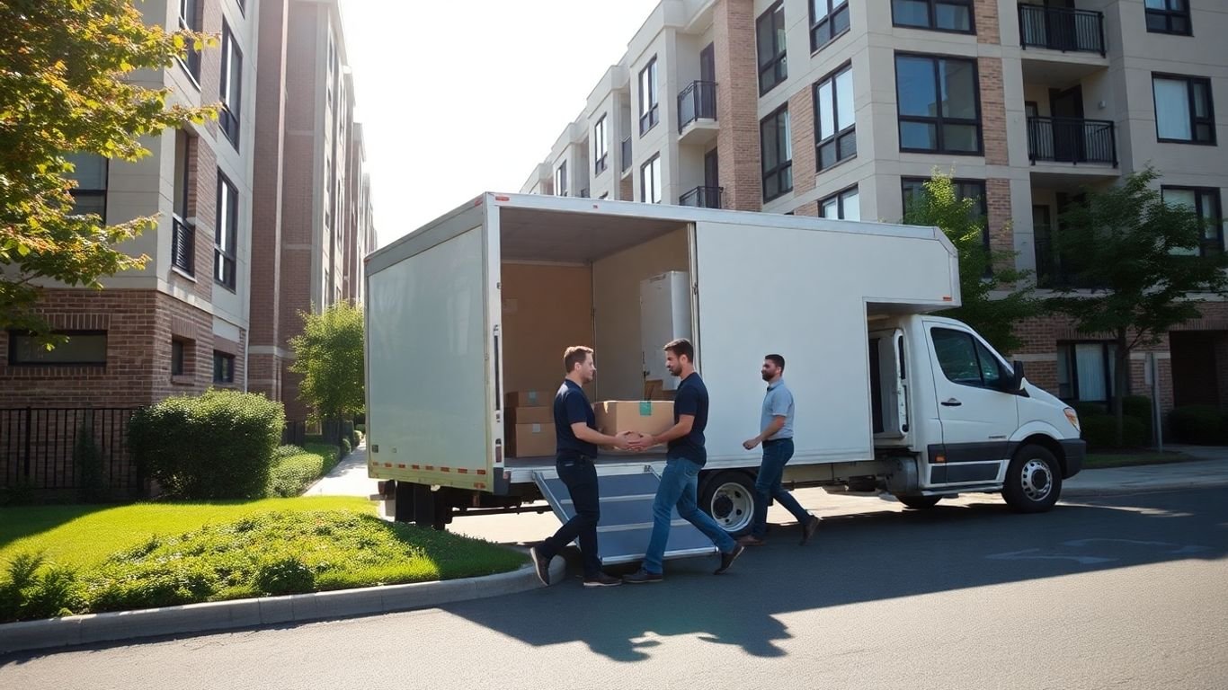 Apartment movers in Freehold, NJ carrying a box.