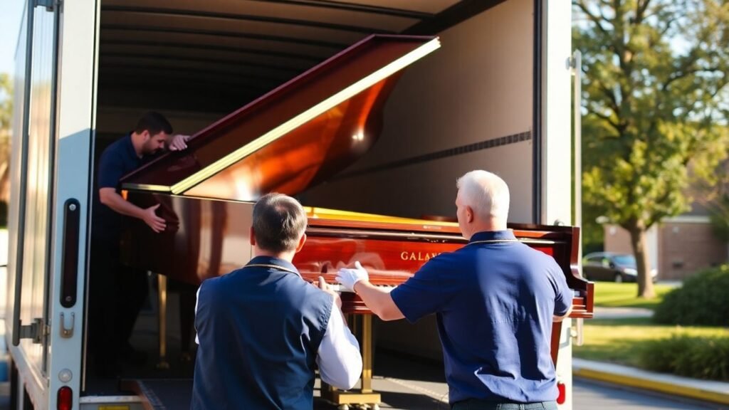 Piano movers carefully loading a grand piano onto a truck.