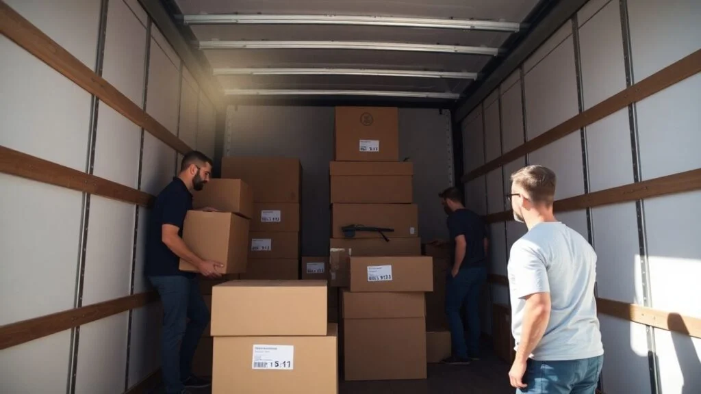Moving crew packing boxes into a truck in Freehold, NJ.