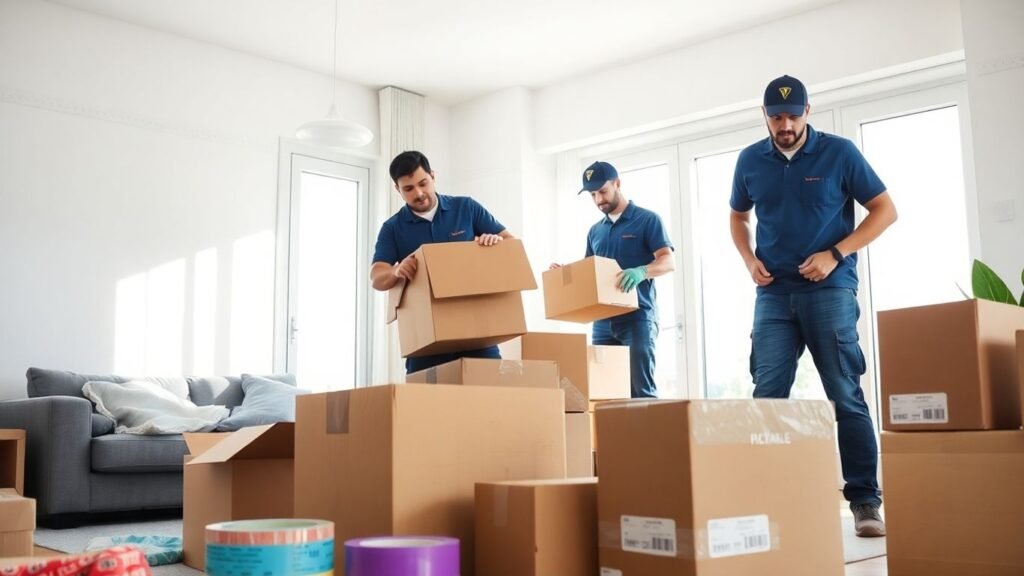 Professional movers packing boxes in a bright living room