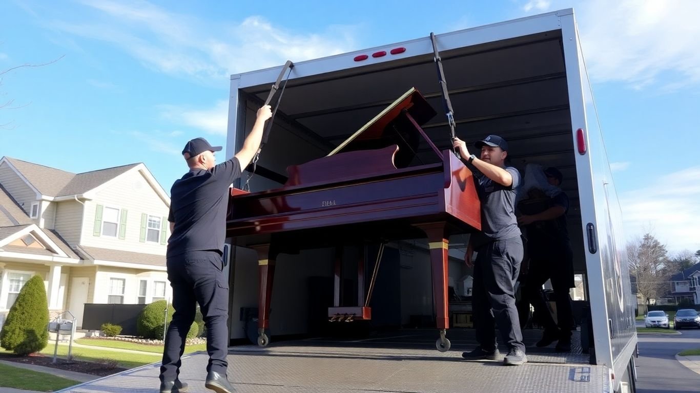 Movers loading piano onto truck in New Jersey neighborhood
