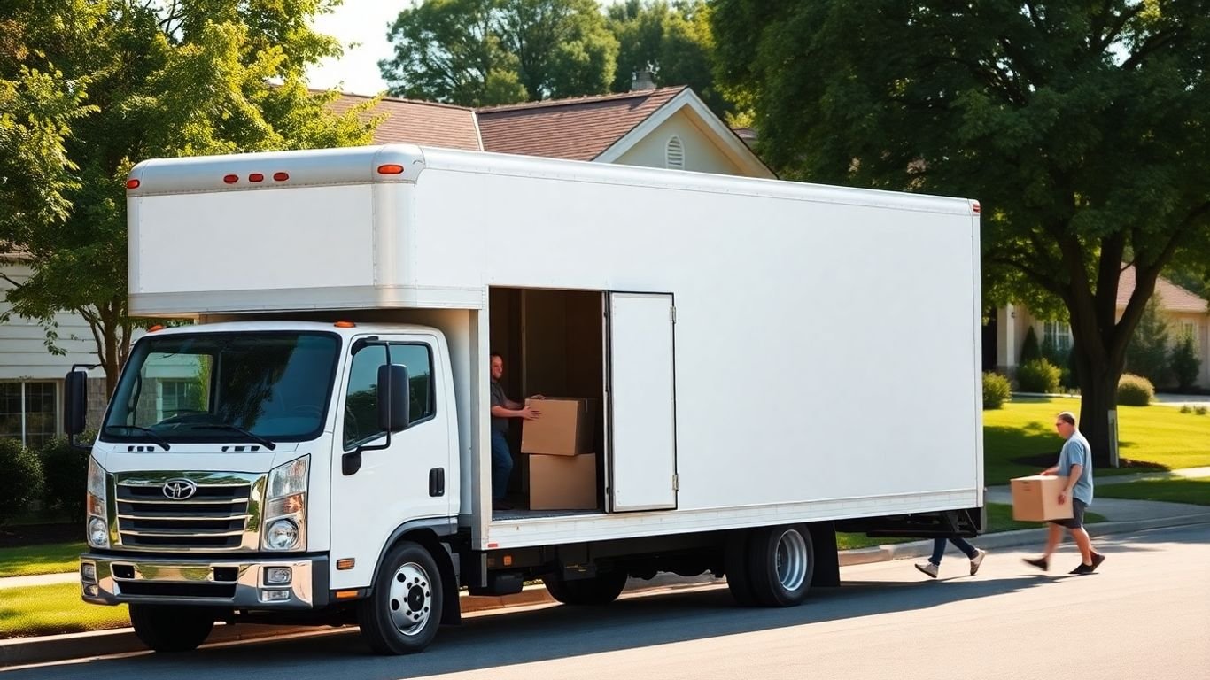 Movers loading boxes into truck outside New Jersey home