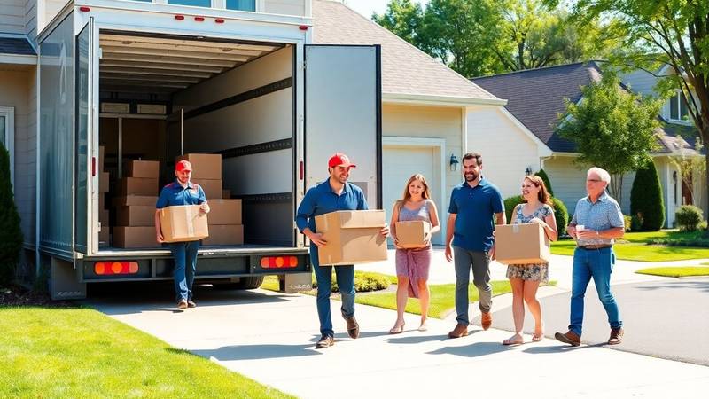 Movers carrying boxes outside a New Jersey home